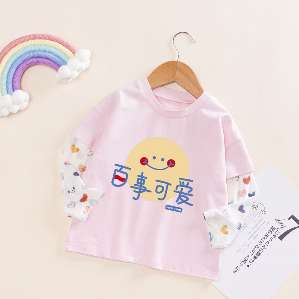 Áo Thun Tay Dài Giả Hai Lớp In Hình Mặt Cười Phong Cách Mới Cho Bé Gái