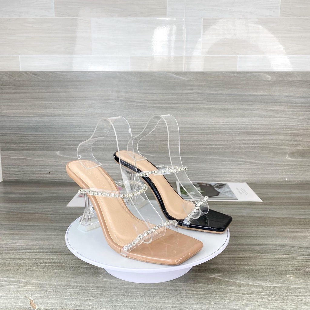 Guốc cao gót nữ 2 dây mica đính đá gót ly cao 9p, giày cao gót nữ 2 quai ngang đính đá sang chảnh đi tiệc cao 9p B12