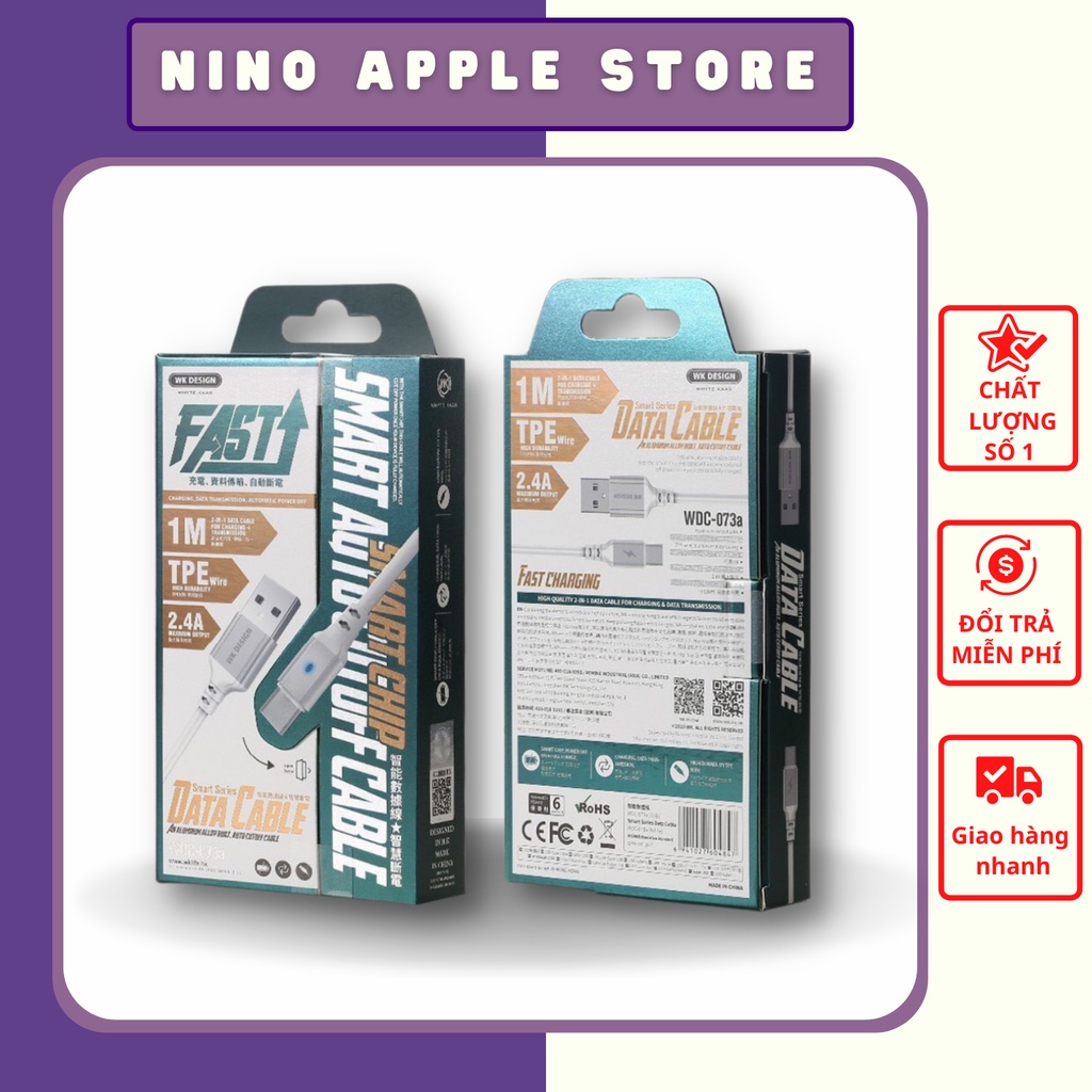 Dây cáp sạc tự ngắt Iphone chính hãng WK , cáp sạc tự động ngắt khi đầy, không hại pin (BH 12 tháng) Nino Apple Store