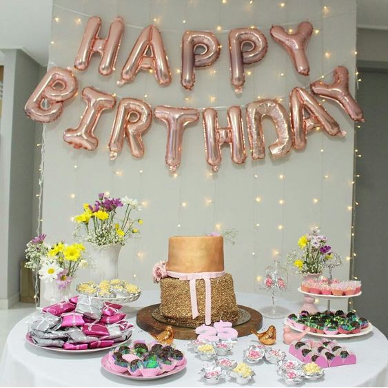 Bộ bóng happy birthday màu rose gold Tặng Kèm bóng và Bơm tay băng keo