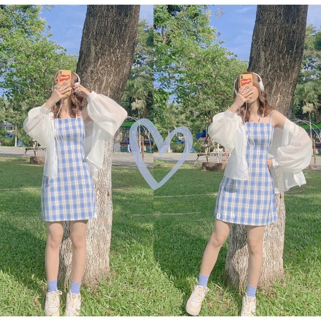 Đầm 2 dây buộc eo, váy 2 dây buộc eo, váy 2 dây kẻ caro(ảnh thật / sẵn).