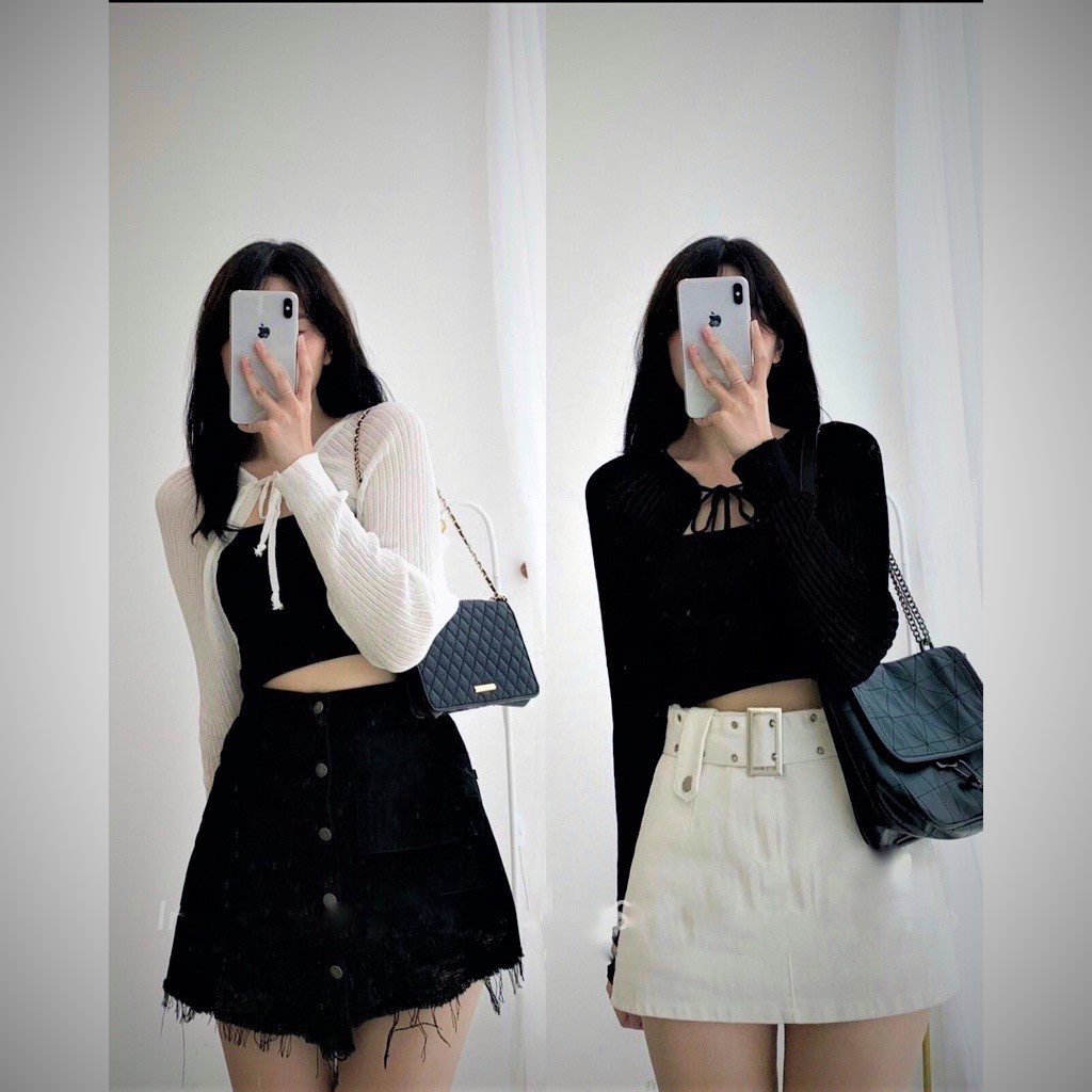 [L2M] Áo khoác len dệt kim Montoghi DÂY NƠ CỔ tay dài dáng lửng hàng Quảng Châu siêu xinh