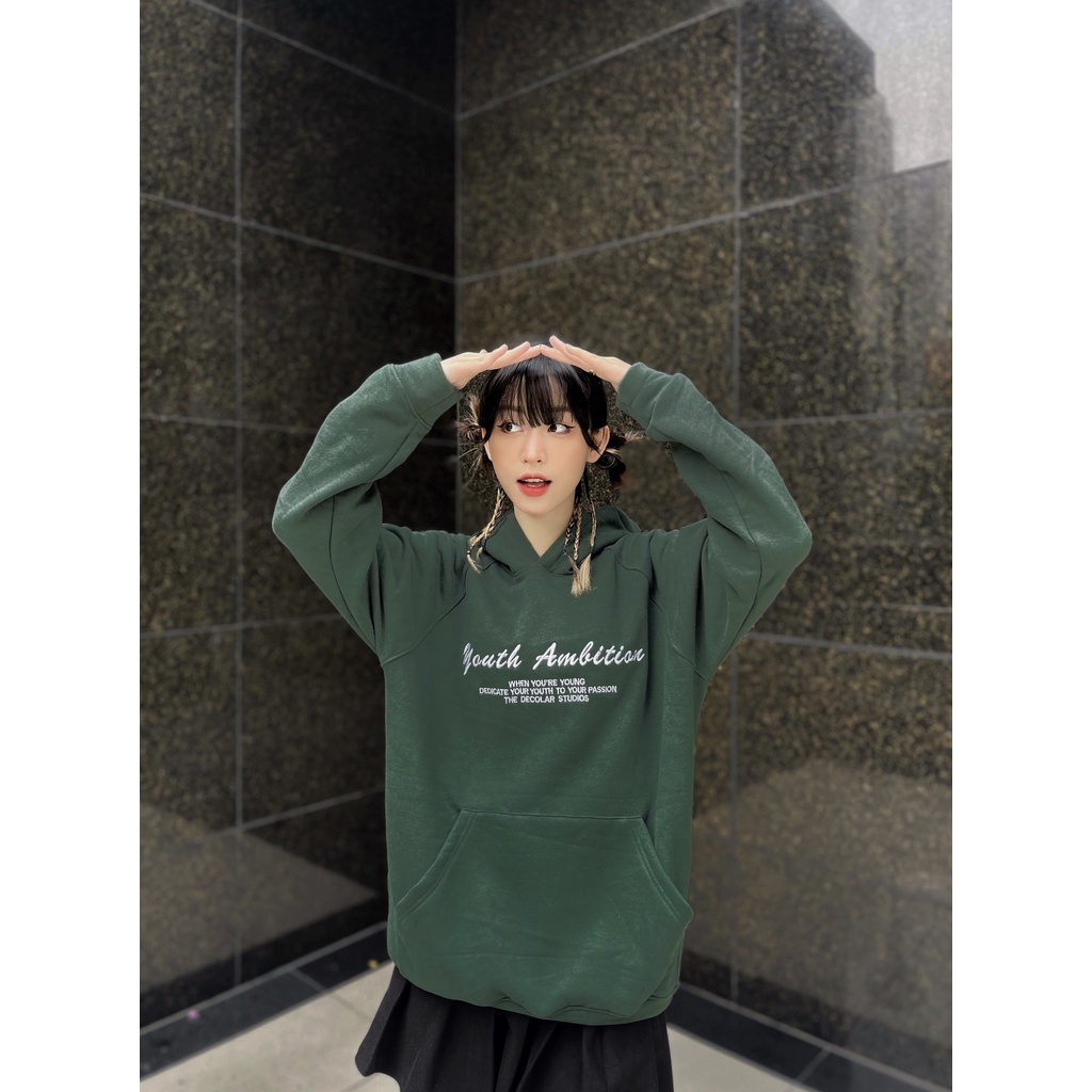 Áo hoodie nữ nam form rộng Decolar Youth, áo khoác unisex local brand chất liệu nỉ bông dày 1kg màu xanh