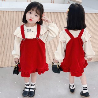 Set váy yếm nhung đỏ - áo momo cho bé gái
