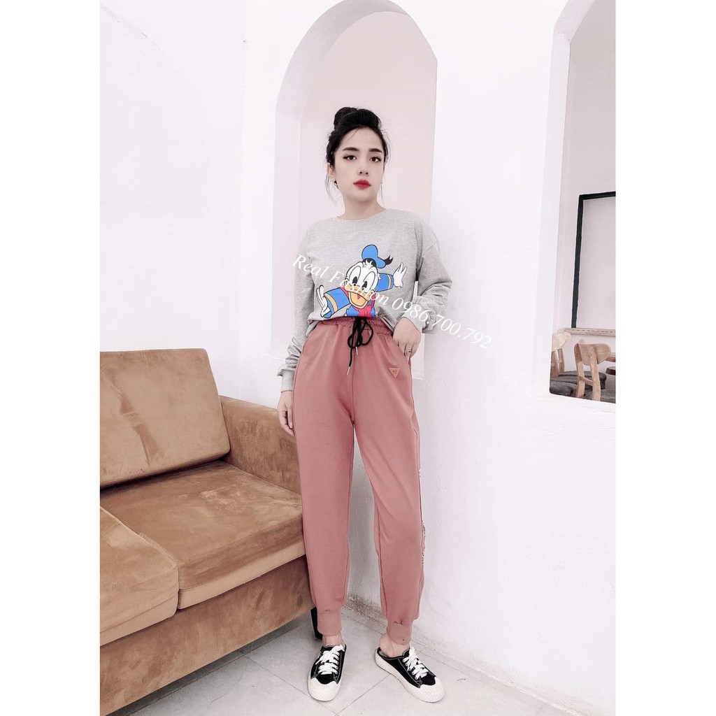 Quần jogger nữ bo gấu thêu chữ đính logo vải nỉ da cá quảng châu,vải dày dặn đanh mịn không bai xù Real Fashion