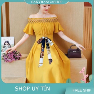 Đầm xòe bệt vai thêu ziczac thắt nơ eo