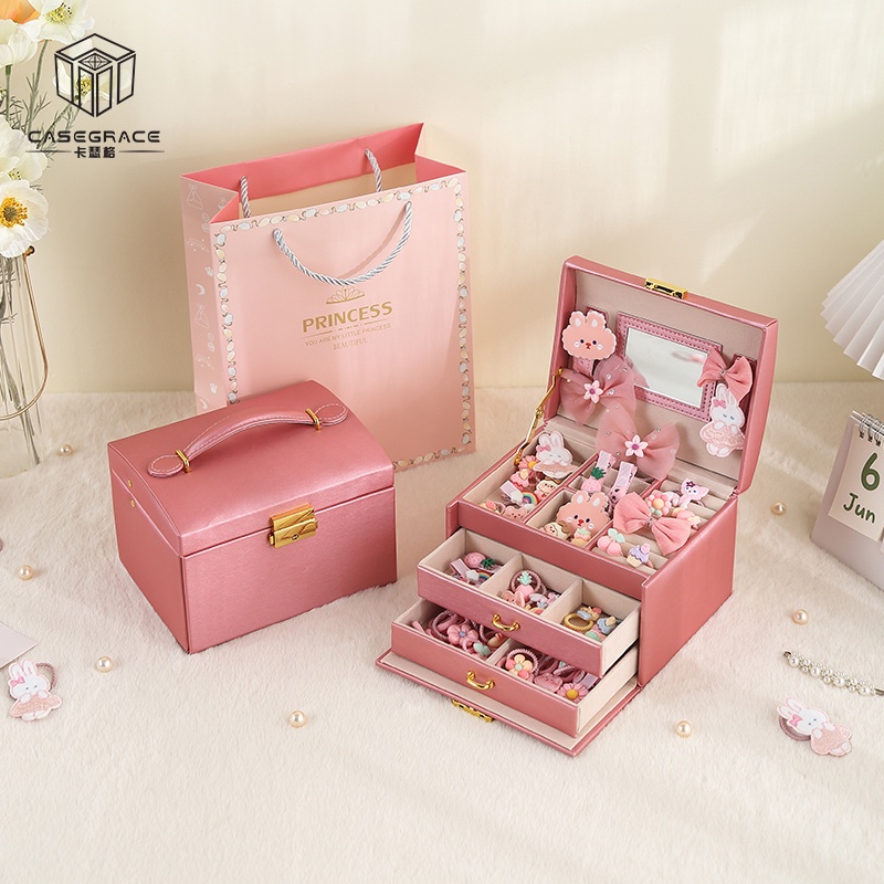 Casegrace Hộp Đựng Trang Sức Bằng Da Hai Ngăn Kéo Trưng Bày Cho Bé Gái