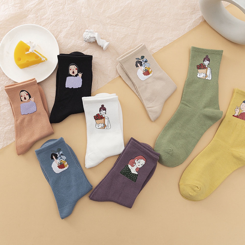 Vớ Cotton Cổ Cao In Họa Tiết Dễ Thương Phong Cách Nhật Hàn Cho Nữ