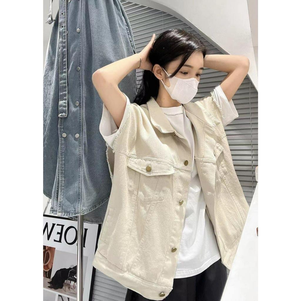 Áo khoác gile jean trơn nữ tay tua rua màu đen nâu be, áo gile bò demin jackit thể thao nam nữ form rộng unisex ulzzang