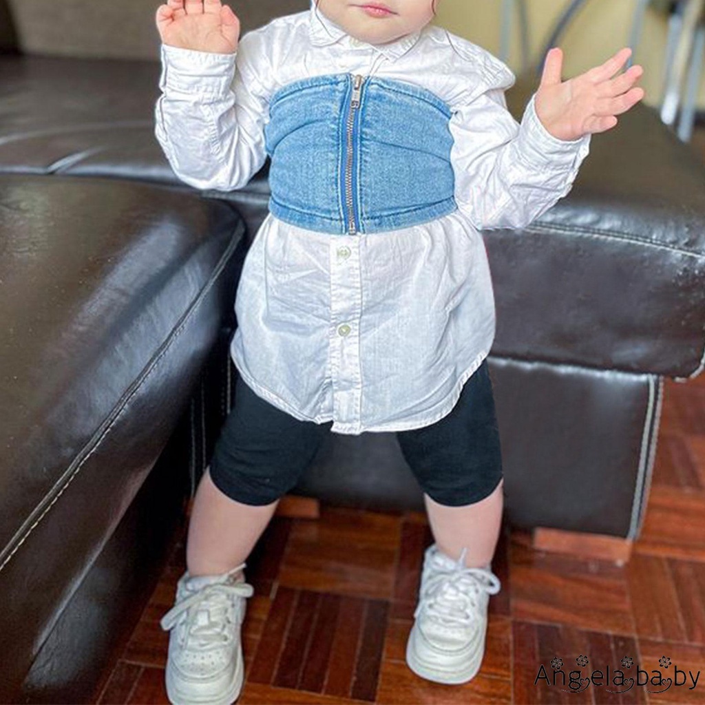 Set áo sơ mi tay dài cổ ve áo đính nút và áo croptop có dây kéo dễ thương cho bé