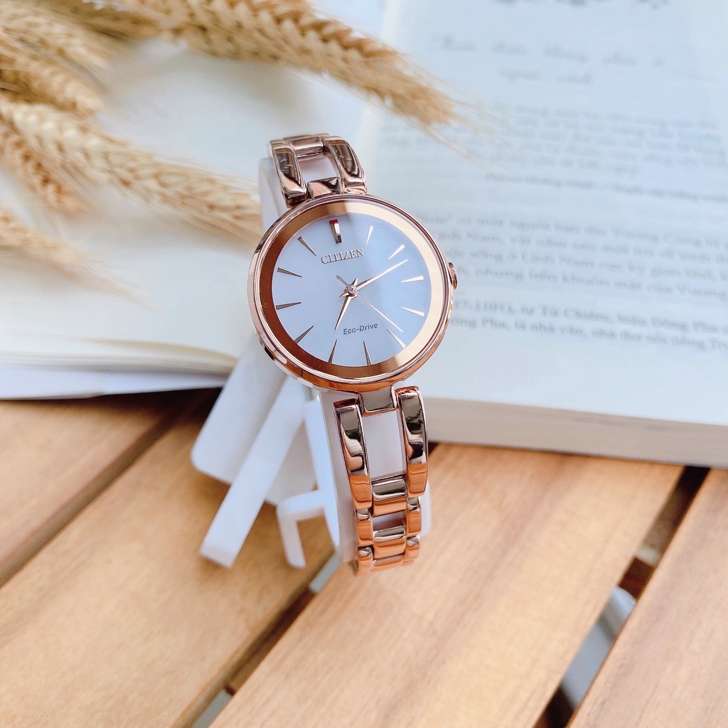 Đồng hồ nữ chính hãng Citizen Axiom Eco-Drive Women's EM0633-53A Rose Gold-Tone Bracelet - Máy pin - Kính cứng