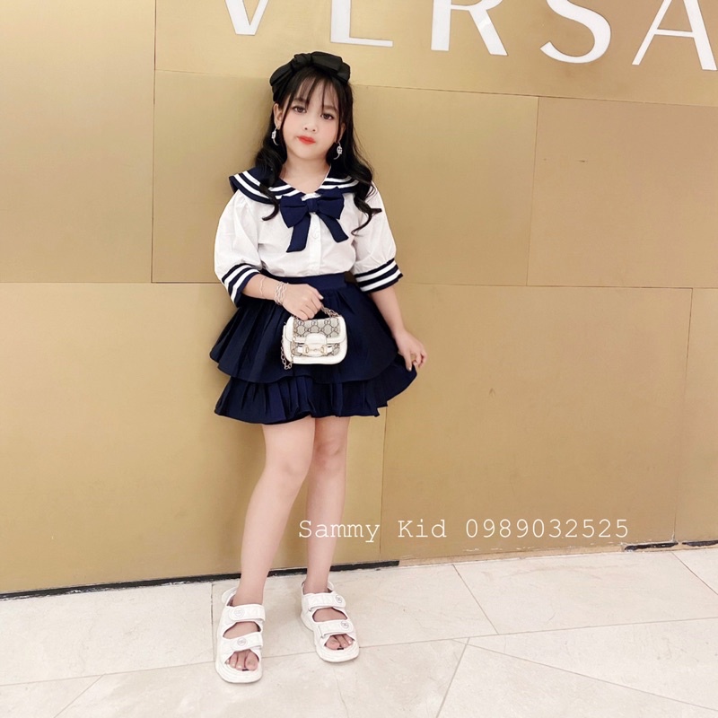 Set Thuỷ thủ Sơmi Nơ tay lỡ Quần váy xoè Tầng xếp ly cho bé gái size đại 16-40kg nhẹ nhàng nữ tính