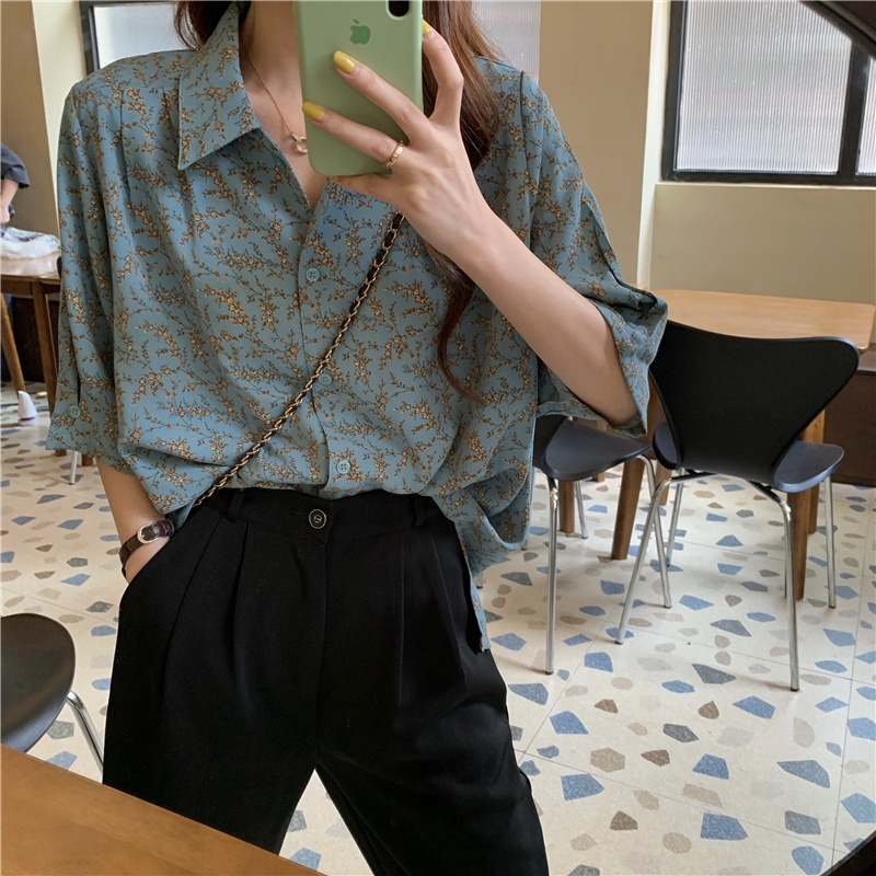 Áo Sơ Mi Tay Ngắn Dáng Rộng In Hoa Kiểu Retro Hàn Quốc Xinh Xắn Cho Nữ