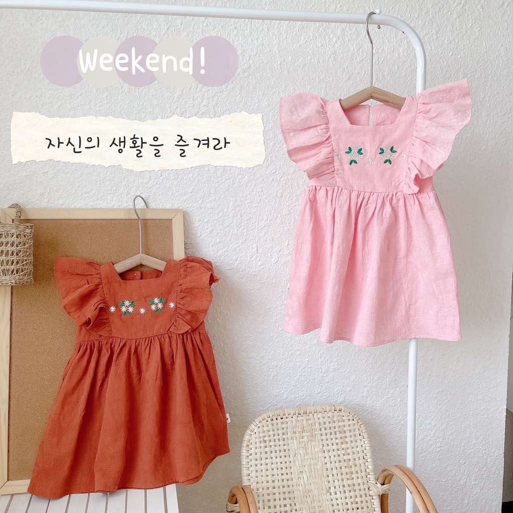 (8-20kg)-Jee kids- Váy đầm cổ vuông viền bèo thêu hoa xinh xắn cho bé gái (ảnh thật)