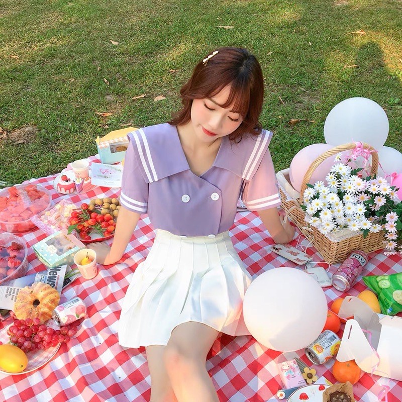 Áo thô thủy thủ dáng lửng phong cách ulzzang Hàn Quốc