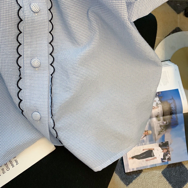 Áo Sơ Mi Ngắn Tay Cổ Búp Bê Phối Ren Màu Xanh Dương Thời Trang Mùa Hè Mới Cho Nữ