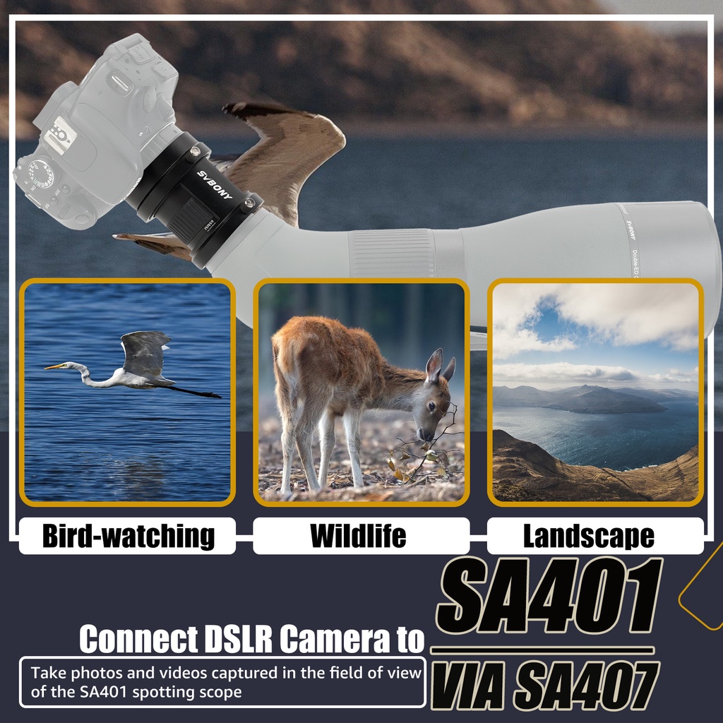 Bộ điều hợp ống camera SVBONY SA407 Tương thích với Phạm vi đốm SA401 để chụp ảnh phong cảnh động vật hoang dã chim