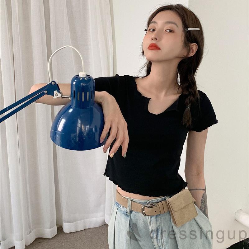 Áo Croptop Tay Ngắn Cổ Chữ V Màu Trơn Đơn Giản Phong Cách Croptop Màu Đen / Xanh Lá / Hồng / Trắng Cho Nữ