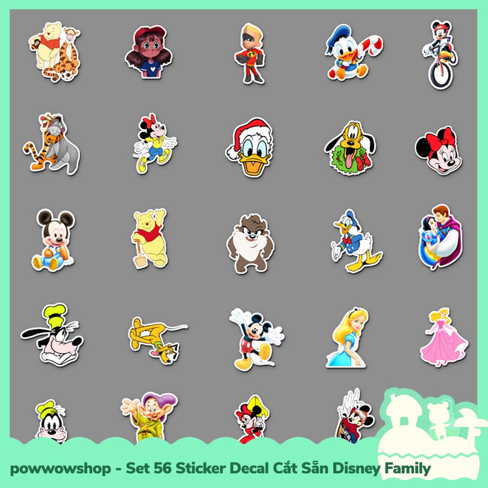 [Sẵn VN - Hỏa Tốc] Set 56 Sticker Mini Decal Dán Trang Trí Vật Dụng Mẫu Nhân Vật Hoạt Hình Disney Characters Family