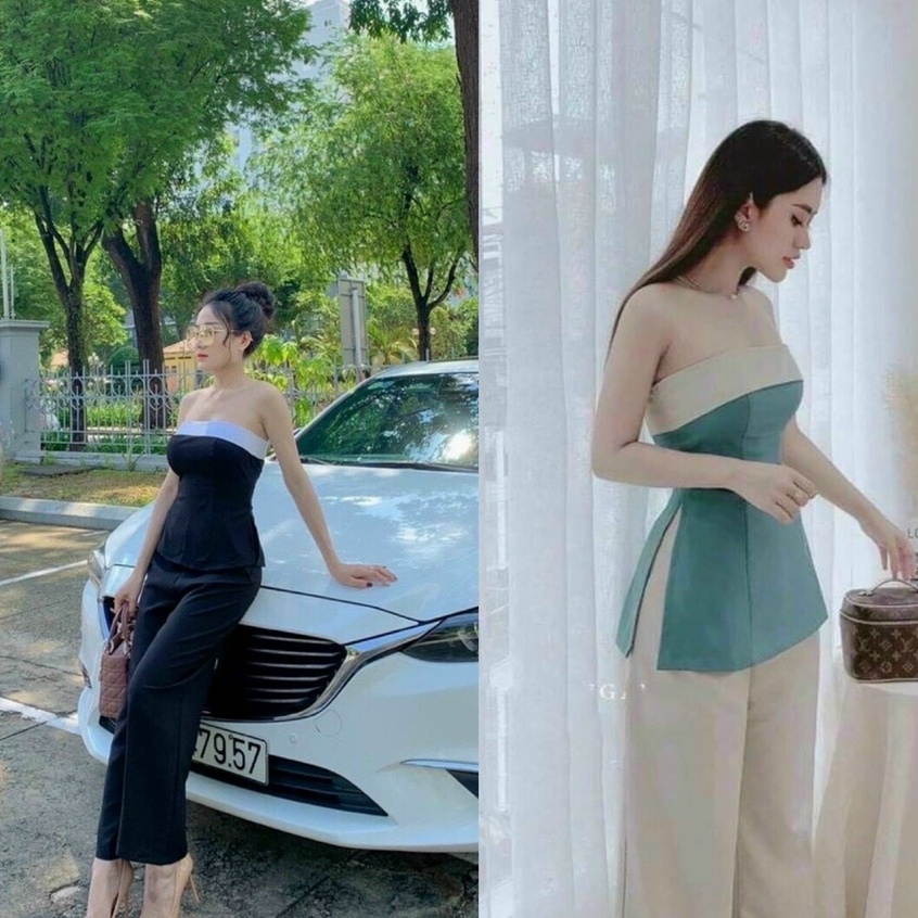 Sét đồ bộ cúp ngực quần ống rộng đi chơi phối viền ngực trắng thời trang nữ mùa hè