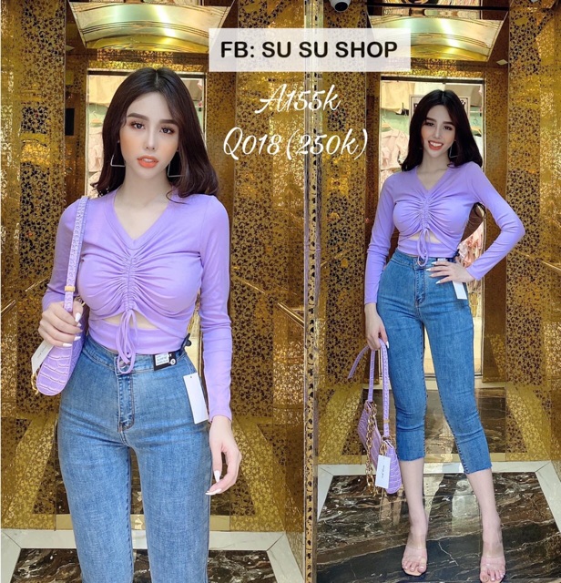 Á croptop tay dài dây rút
