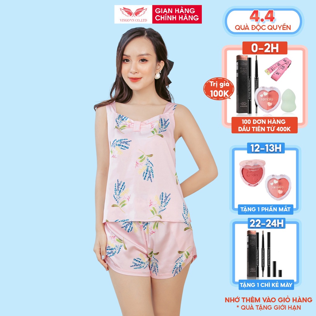 Đồ Bộ Nữ Pijama Mặc Nhà VINGO Lụa Pháp Cao Cấp Áo Hai Dây Cổ Vuông Nhún Ngực Quần Cộc Họa Tiết Tim Cành Hoa N346 VNGO