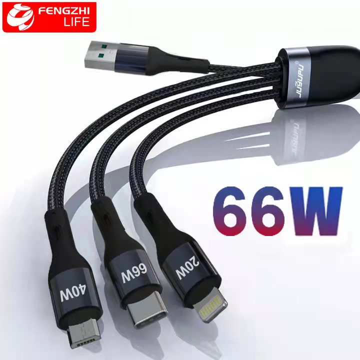 [Mã BMLT30 giảm đến 30K đơn 99K] Dây sạc 3 đầu sạc nhanh FENGZHI S40 3 in 1 type c micro PD 66W QC4.0 cao cấp