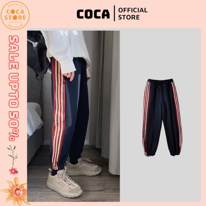 Quần jogger thể thao unisex 3 line chất thun có size bo chun ống cocastore - Quần jogger 3 sọc