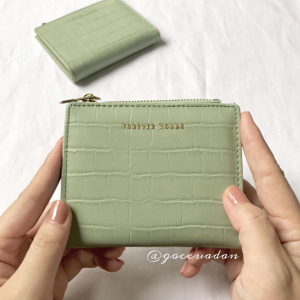 Ví bóp nữ ngắn mini cầm tay Forever Young trơn logo nổi da kẻ caro - Góc của Đan VN60