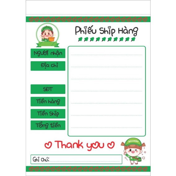 (PHIẾU SHIP HÀNG) SET 20 Tờ Phiếu Ship 10*15