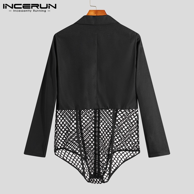 Áo liền quần INCERUN tay dài cổ bẻ may ghép lưới xuyên thấu dành cho nam giới