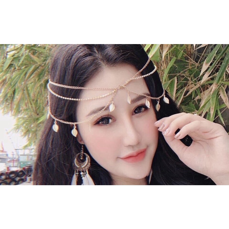 Bờm tóc lá bohemian - Vòng đội đầu head chain boho style màu vàng m149