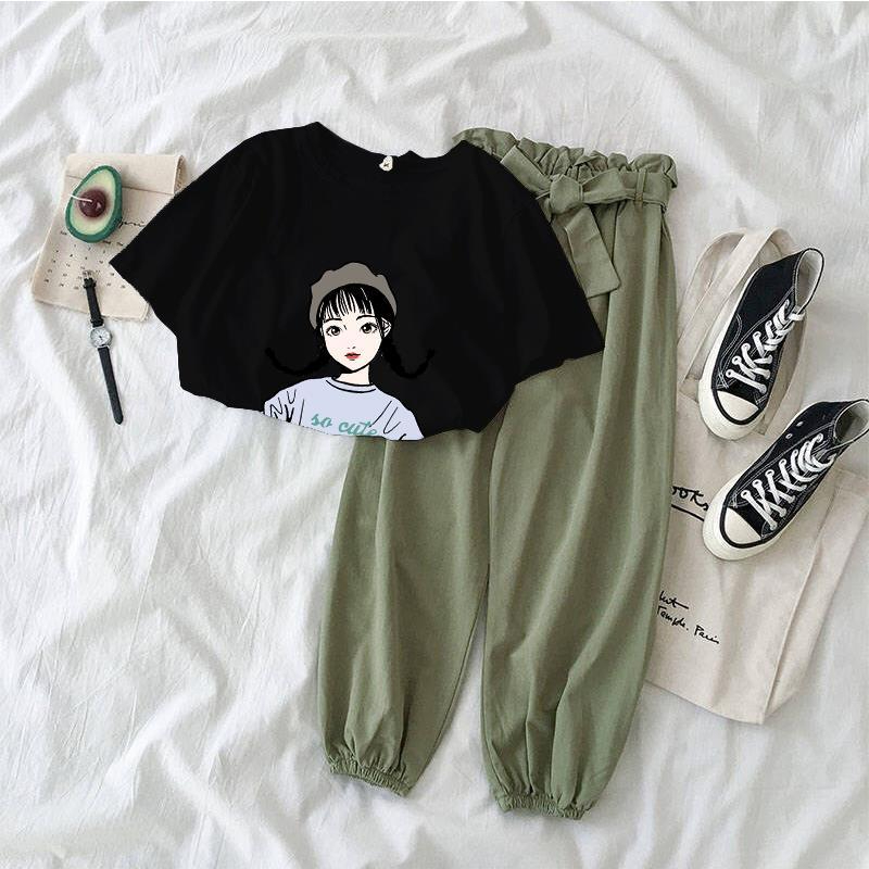 Set Đồ Thể Thao Áo Thun Tay Lỡ Form Rộng + Quần Dài Ống Rộng Phong Cách Hàn Quốc Thời Trang Mùa Hè Cho Nữ