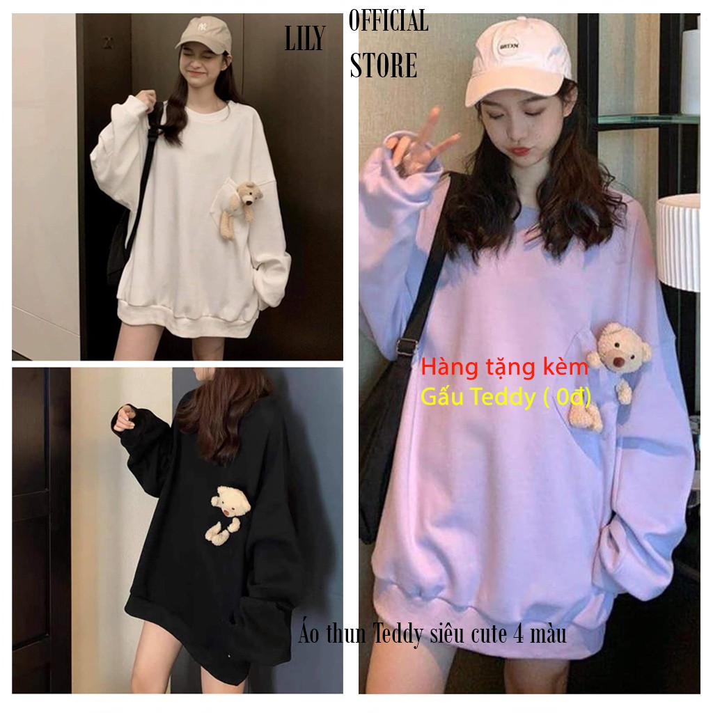 Áo Thun TEDDY BEAR Nữ-Nam - Phông dài tay oversize dáng rộng phối túi gấu màu ĐEN | HỒNG | NU | XÁM Ulzzang