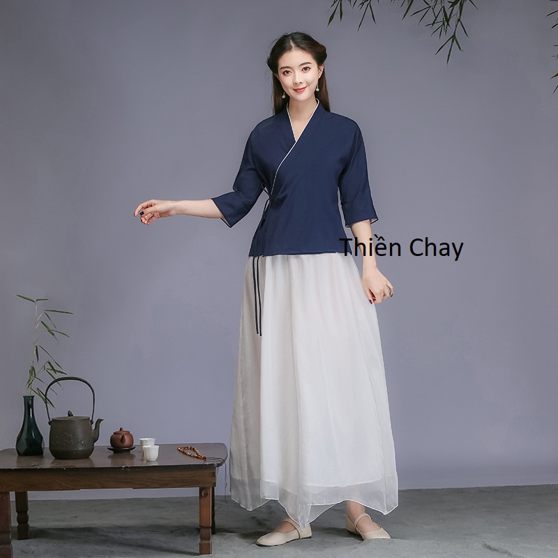 Quần áo phật tử Đi lễ chùa Tập thiền & Yoga - Bộ nữ cổ chéo Thiên Khôi vải đũi cotton mềm cao cấp