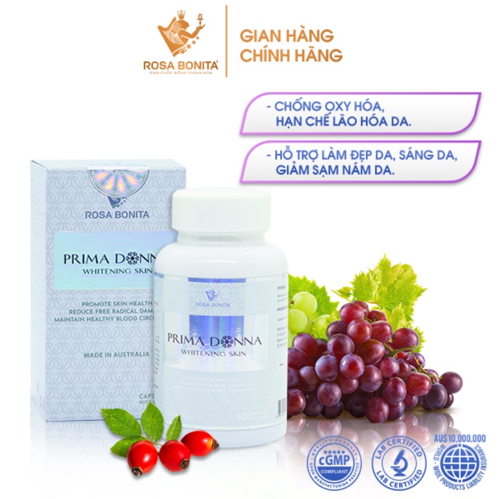 Viên uống trắng da PRIMA DONNA - Dưỡng trắng da giảm sạm nám Rosa Bonita nhập khẩu Úc 60V
