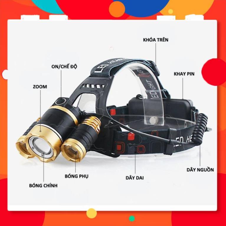 [Ảnh thật tự chụp] Đèn Pin Đội Đầu 3 Bóng Led Siêu Sáng HIGH POWER HEADLAMP T6, Sạc Pin Siêu Tiện Dụng