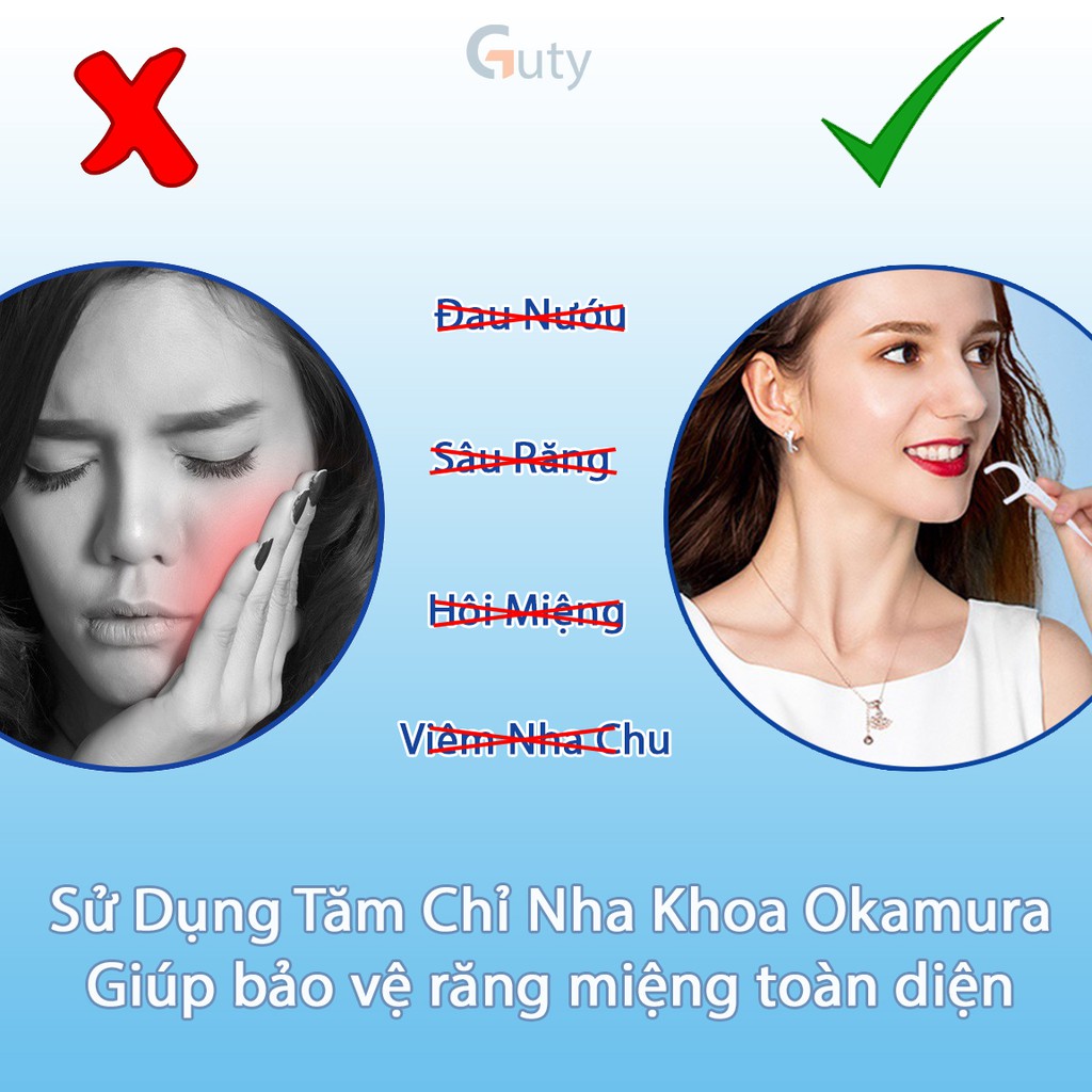 Tăm chỉ nha khoa Okamura (túi 50 chiếc), loại bỏ mảng bám thức ăn, ngăn ngừa sâu răng