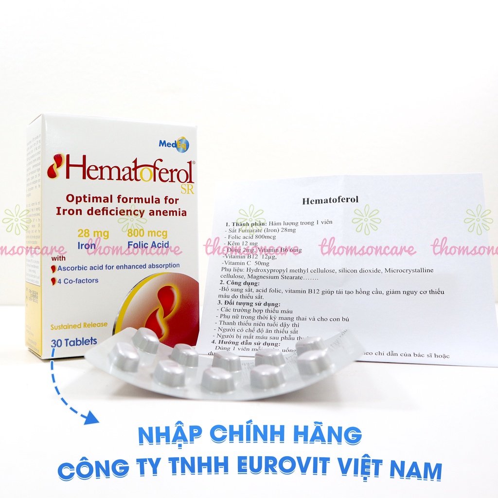 Viên uống bổ sung sắt, Folic acid hữu cơ Hematoferol cùng với các dưỡng chất cả cho mẹ và bé - Nhập Khẩu Châu Âu Hộp 30v