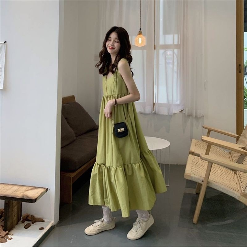 Korean style mid-length square collar summer casual loose pleated suspender skirt，cheap borong of Koreanfashion women's clothing readystock 210521