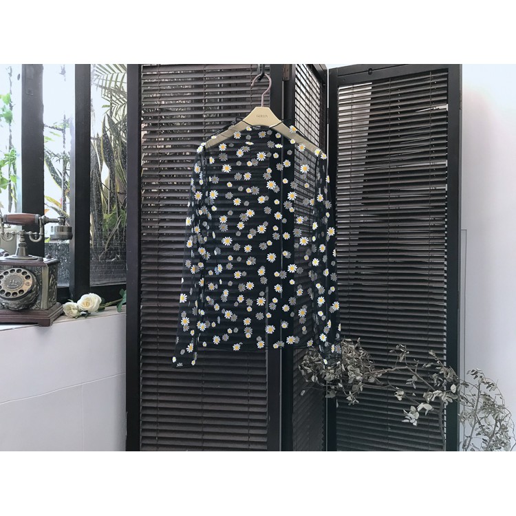 Womens Small Daisy Floral See Through Top Mesh Transparent Loose Korean Long Sleeve Sunscreen Shirt | BigBuy360 - bigbuy360.vn
