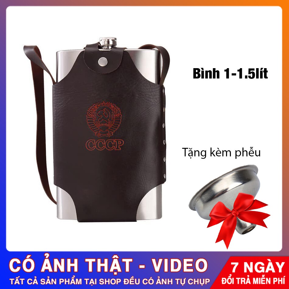 Bình đựng rượu ⭐️ KHÔNG HAN RỈ ⭐️Bình đựng nước inox CCCP 1.5 lít tiện lợi, có dây đeo và ốp da - Tặng phễu rót rượu