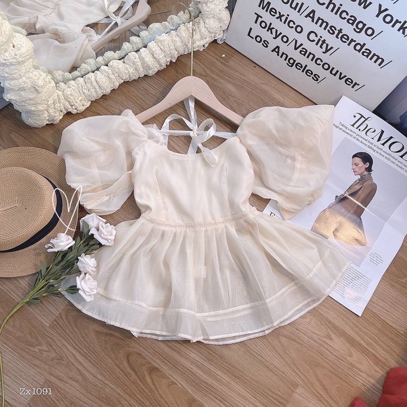 ÁO PEPLUM NUDE TAY PHỒNG PHỐI NƠ LƯNG | BigBuy360 - bigbuy360.vn