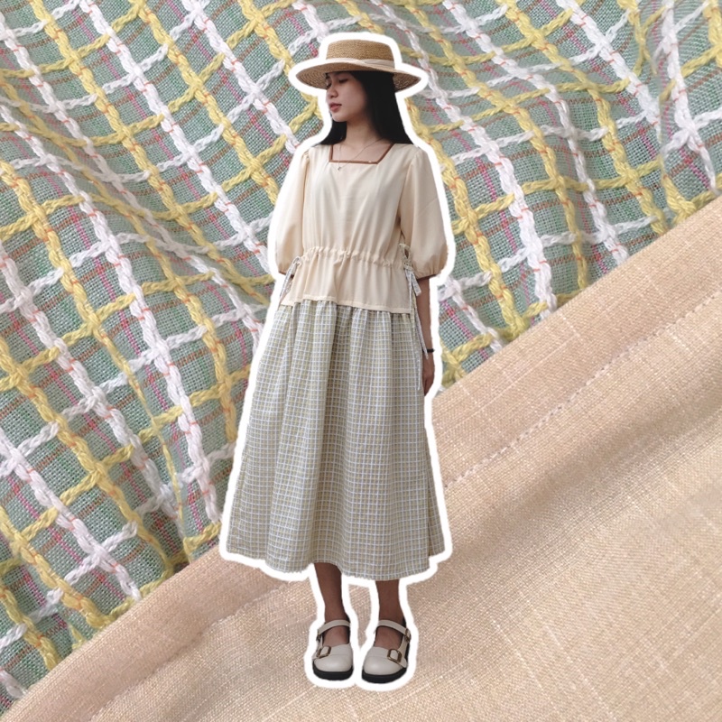 Đầm cổ vuông phối màu vải linen và thô dệt -by savanna