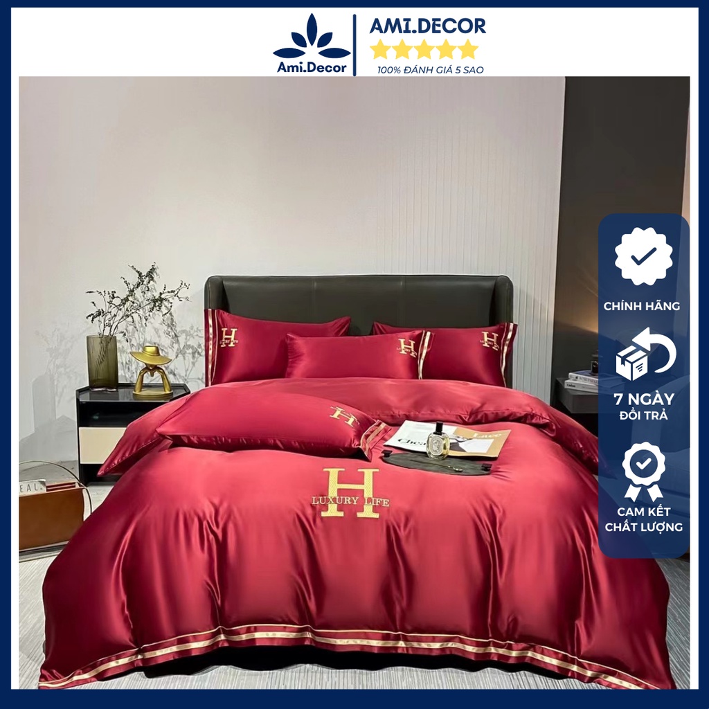 Bộ chăn ga gối phi lụa thêu chữ H LUXURY LIFE nhập khẩu, chất liệu phi lụa đanh bóng thoáng mát mềm mại - Ami.Decor
