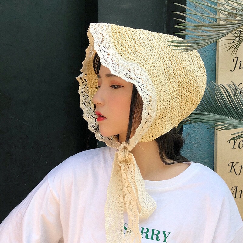 Mũ nón cói đi bển vành phối ren tiểu thư cho nữ