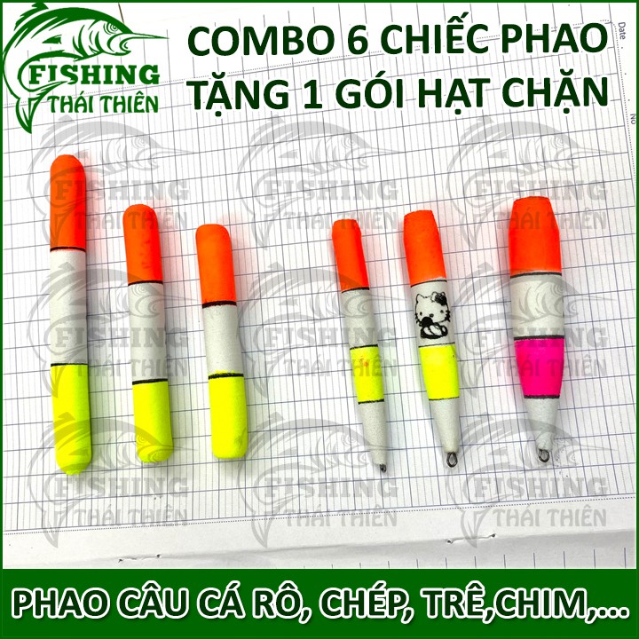 Combo 6 phao câu cá bằng mút tặng kèm 1 gói hạt chặn dùng câu cá rô, cá chép, cá trê,...