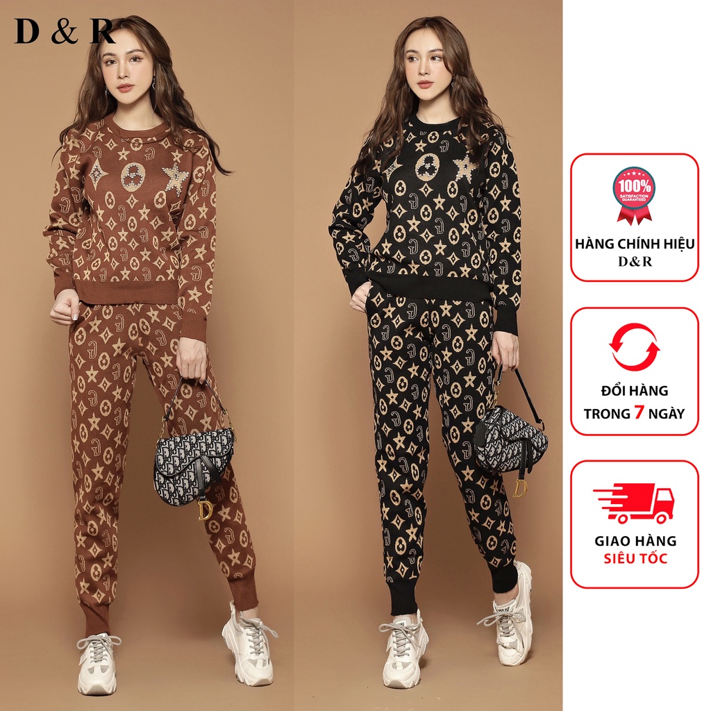 Set bộ len dệt kim nữ thiết kế đính đá Quảng Châu cao cấp thương hiệu thời trang D&R L042