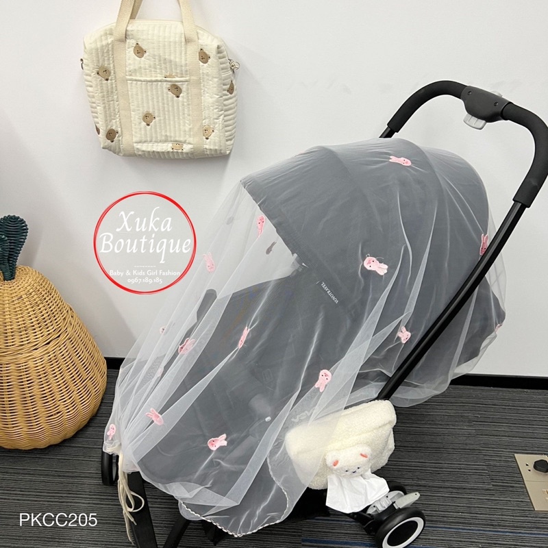 Màn Che Xe Đẩy Style Hàn Quốc Chống Muỗi và Côn Trùng Cao Cấp Cho Em Bé, Thêu Tay Gấu Thỏ Mềm