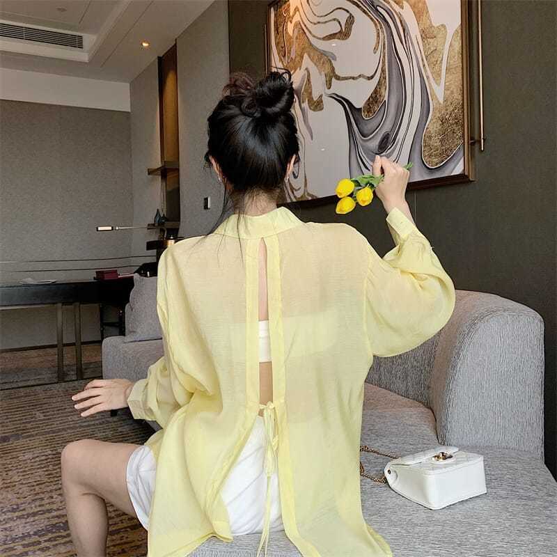 Áo Khoác Cardigan Chiffon Mỏng Tay Dài Hở Lưng Chống Nắng Phong Cách Hong Kong Quyến Rũ Cho Nữ
